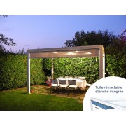 Pergola toile tendue entrelacée + kit toile étanche rétractable avec rideau micro-perforé