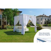 Pergola 3x3 toile tendue entrelacée + kit toile étanche rétractable + rideaux