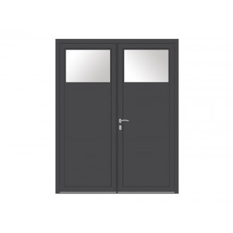Porte de Service Aluminium 2 Vantaux PROFILS SYSTÈMES Ouvrants Visibles Vitrage Anti-Effraction Oculus 1/4 Haut Sur Mesure