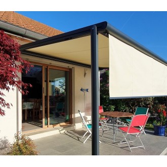 Store banne sur pieds avec lambrequin toile Dickson ardoise