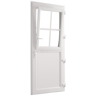 Porte d'entrée PVC Ouverture Fermière 4 carreaux et soubassement moulurés sur mesure