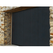 Porte de Garage Coulissante Électrique Somfy Noir 9005 Finition Veinée Bois Sur Mesure