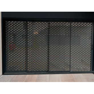 Claustra Gris Anthracite sur Pergola Coulissant 4 Vantaux Tôle Perforée Bulles
