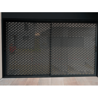 Claustra Gris Anthracite sur Pergola Coulissant 2 Vantaux Tôle Perforée Bulles