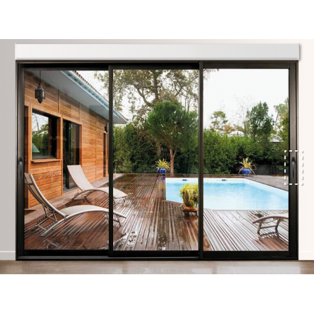 Baie coulissante 3 vantaux ouvrant principal à droite avec volet roulant intérieur intégré