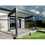 Pergola Aluminium Toit Plat Panneaux Sandwich 62mm Adossée 4.3x3m avec Vitrages