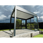 Pergola Aluminium Toit Plat Panneaux Sandwich 62mm Autoportée 4.3x3m avec Spots Led et Vitrages Panoramiques
