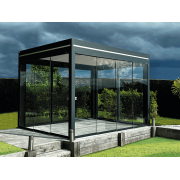 Pergola Aluminium Toit Plat Panneaux Sandwich 62mm Gris Anthracite 4 Poteaux 4.3x3m Vitrages Panoramiques