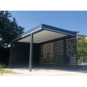 	Carport 6m 4 Poteaux dont 2 Déportés Toit Plat Panneaux Sandwich 62mm avec Claustras Lames Horirontales Gris Anthracite