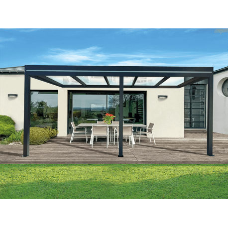 Pergola Aluminium Adossée Toit Plat en Verre Feuilleté 6x3m