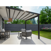 Pergola Toile Rétractable 4.3m Gris Antracite et Blanc Grande S-Luxe Sauleda® Adossée Electrique